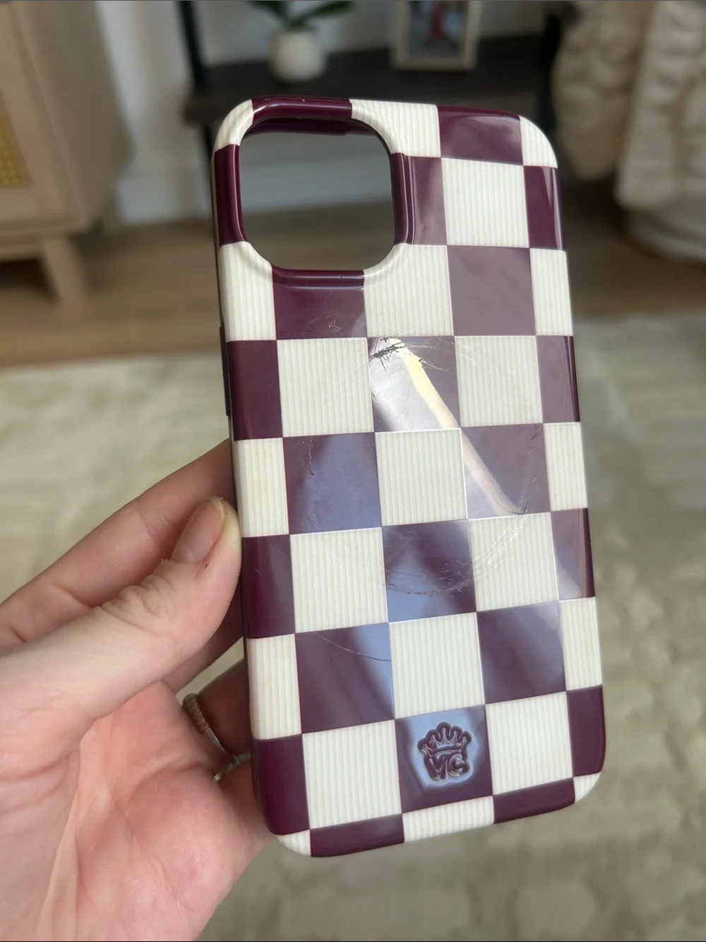 Velvet Caviar ‘Burgundy Vibe Checker’ iPhone 14 case and MagSafe wallet set